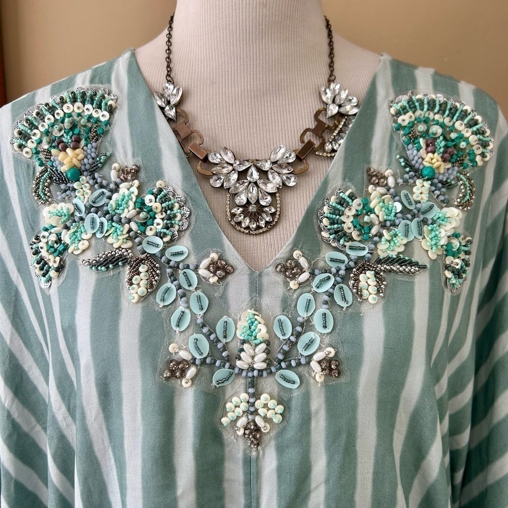 Soft Surroundings Harbor Caftan Kaftan Teal Stripe Beaded Sequin Cover-up Maxi - Picture 3 of 10